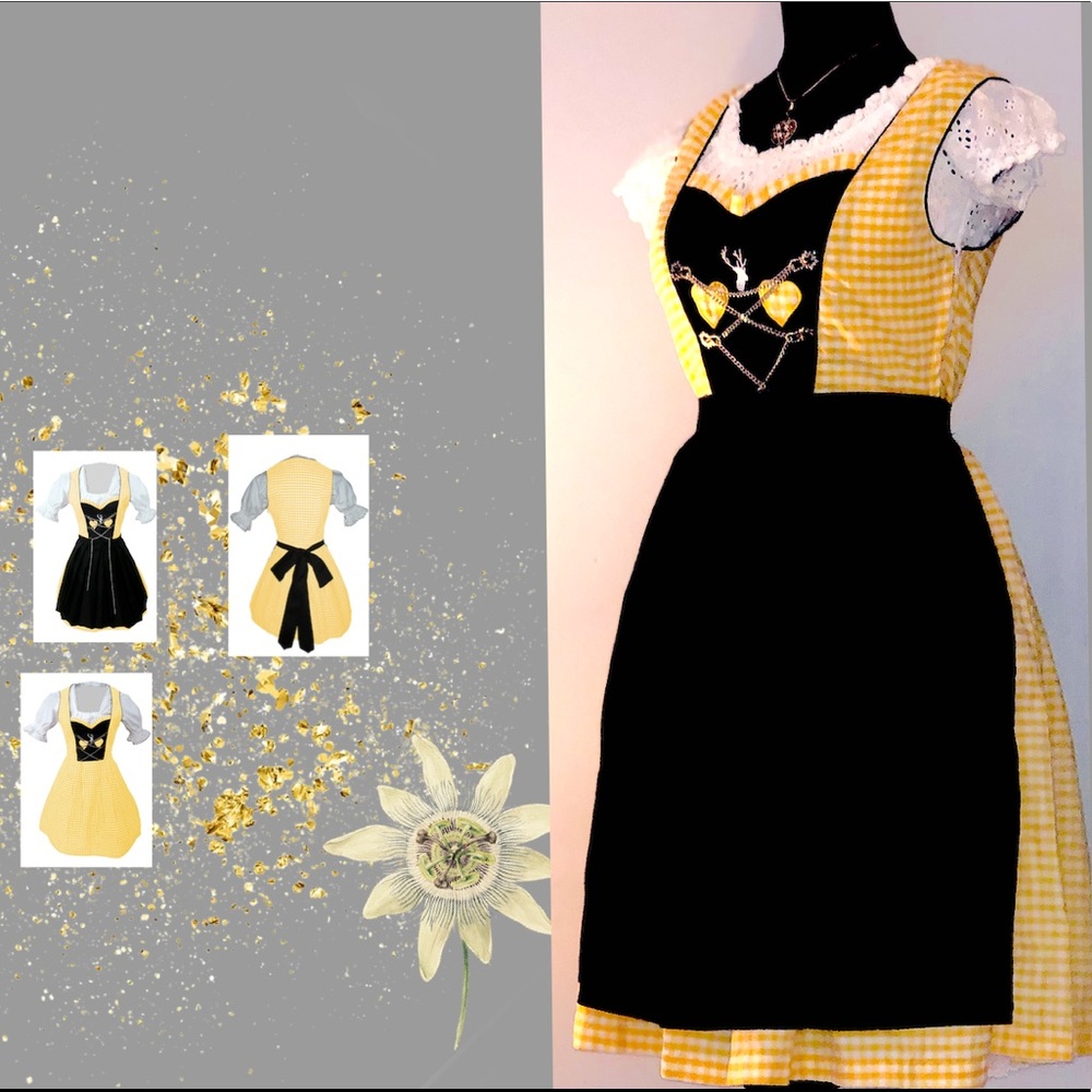Midi Dirndl Black Yellow White w/ Black Apron
